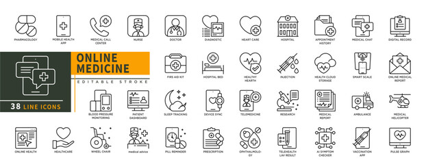 Minimalist Online Medicine line icons set with editable stroke, featuring pharmacology, mobile health, medical call, nurse, advice, online health, doctor, hospital bed, app. thin linear illustration.