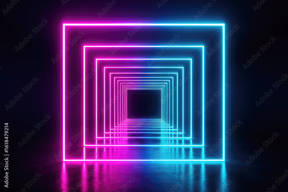Poster neon lights create a mesmerizing tunnel effect in a dark space, enhancing the sense of depth and mys