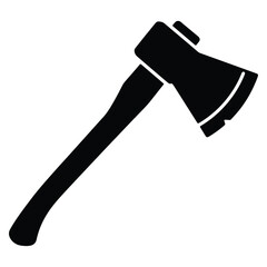 Black silhouette of an axe with a wooden handle on a plain white background