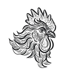 Illustrated handdrawn Roosters head tattoo lineart