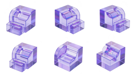 Six purple translucent cube sculptures displayed on a white background showcasing architectural design concepts Possible use visual marketing abstract art