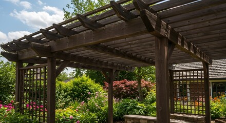 A wooden pergola used to create a shaded walkway, passageway, or sitting area on outdoor area