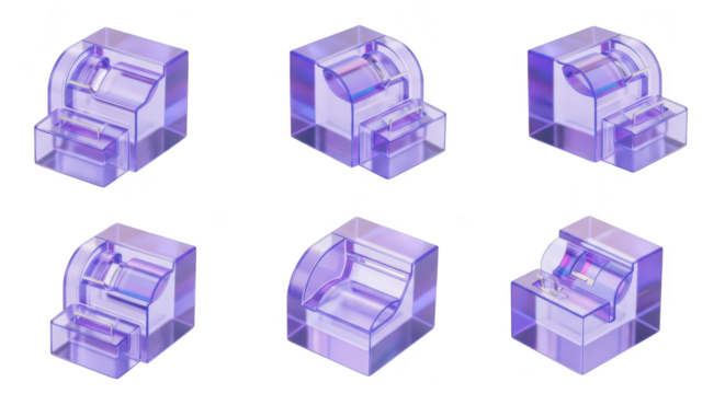 Six purple translucent cube sculptures displayed on a white background showcasing architectural design concepts Possible use visual marketing abstract art
