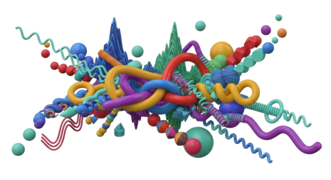 Abstract colorful organic sculpture with twisted tubes and spheres isolated on transparent background