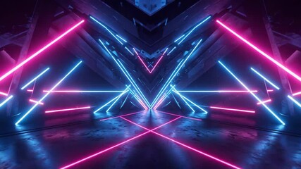 Neon Light Trails, Futuristic Tunnel, Studio, Abstract Art, Indoor, Symmetrical Wide View, Cyberpunk Concept - Powered by Adobe