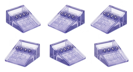 Six identical transparent purple calculators arranged in a symmetrical pattern on a white background for math or accounting concepts