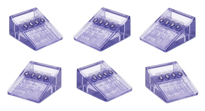 Six identical transparent purple calculators arranged in a symmetrical pattern on a white background for math or accounting concepts