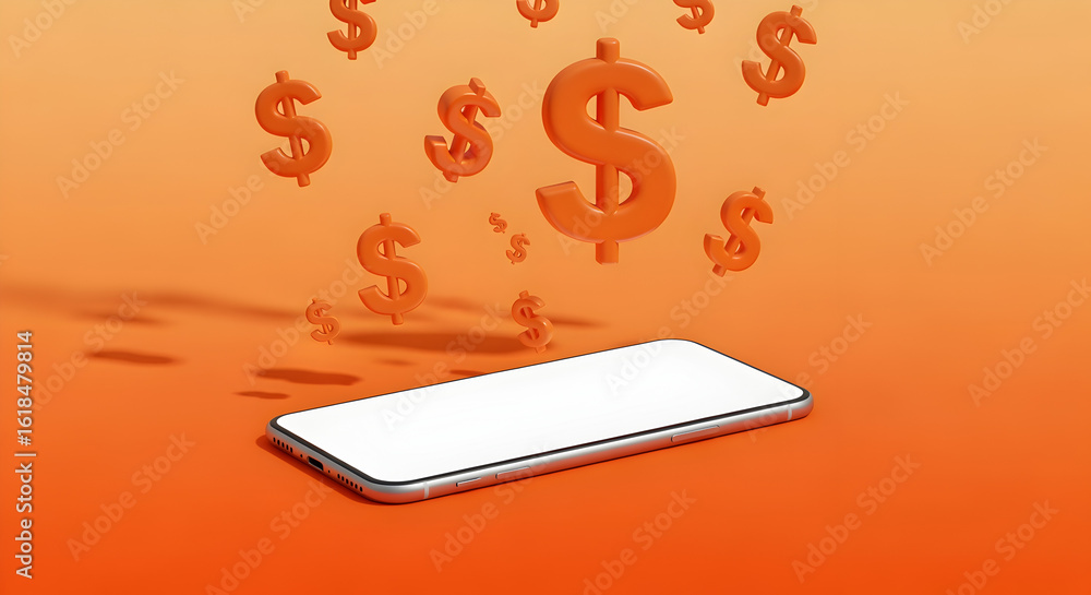 Poster floating dollar symbols above smartphone with a blank screen on orange gradient background represent