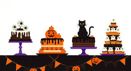 Whimsical Halloween Cakes Featuring Eyeballs Pumpkins Black Cat and Ghosts.