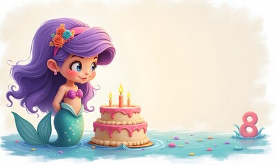 Cute lavender-haired mermaid looking at a two-layered birthday cake with the number eight in pastel water