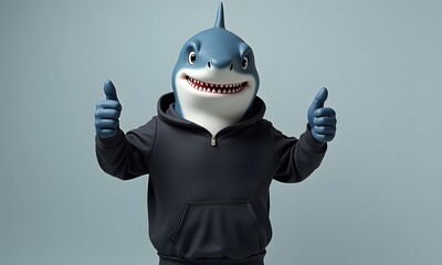 Friendly 3D cartoon shark giving thumbs-up with both hands against a solid light blue background