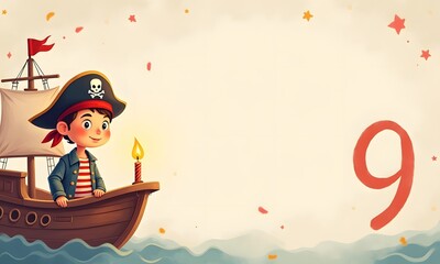 Colorful Cartoon Pirate Boy Birthday Card Illustration, Celebrating 9th Birthday