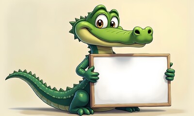Cartoon Alligator Friendly Holding Blank Sign Against Pale Yellow-Beige Background With Copy Space
