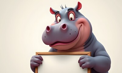 Cheerful Cartoon Hippopotamus Holding Blank Whiteboard Against Plain Off-White Background With Copy Space