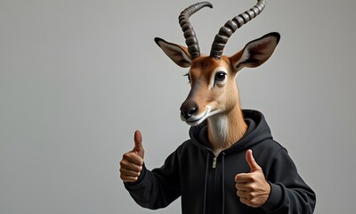 Playful Humorous Antelope Giving Double Thumbs-Up Against Simple Light Gray Background