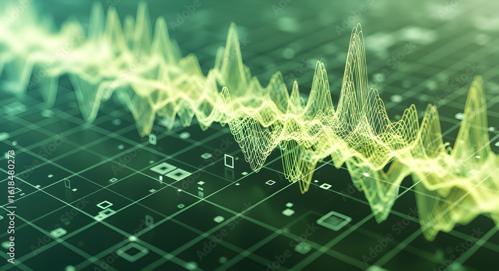 Poster fluctuating green wave over grid background data visualization in technology concept