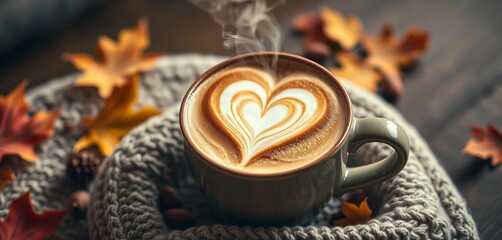 Heart-shaped foam art on a steaming coffee cup, cozy autumn vibes, foam art, autumn