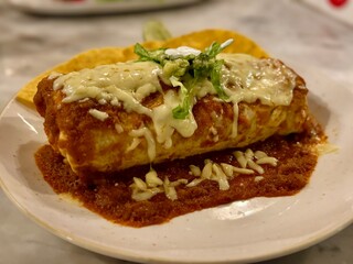 A plate of wet burrito with nachos. Cheese on top. Delicious Mexican food