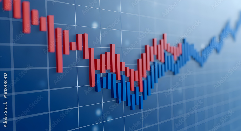 Aufkleber fluctuating line graph displaying red and blue bars on a blue background