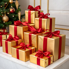 Obraz premium Golden Gifts: A stack of meticulously wrapped presents, adorned with rich red ribbons and bows, nestled under a festively decorated Christmas tree.