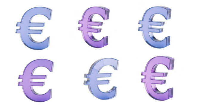 Translucent euro symbols in various colors stand arranged on a plain white backdrop symbolizing finance investment and currency exchange
