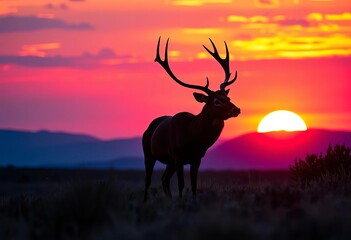 Majestic mule deer buck silhouette at sunset, vibrant colors,   scenic,  golden hour