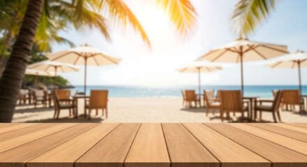 Smooth wood tabletop with blurred tropical beach café and ocean view, bright midday photo for summer drink branding and vacation lifestyle visuals