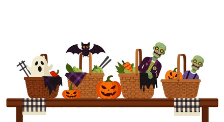 Obraz premium A festive Halloween arrangement of a ghost bat and zombies in wicker baskets with pumpkins on a wooden table.