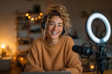 A 3D render of a businesswoman giving an online presentation while wearing headphones.