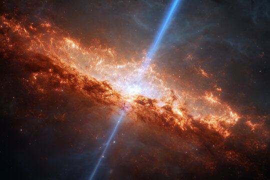 Disque d'accr&eacute;tion d'un trou noir supermassif &eacute;mettant un puissant jet bipolaire de plasma.