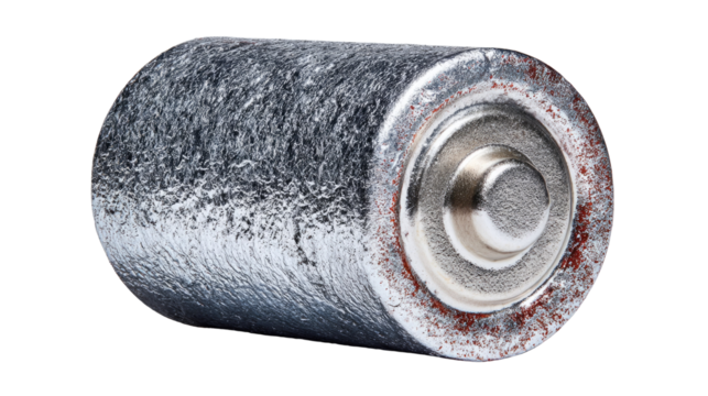 Metallic Battery Cylinder on White Background with Textured Surface and Sharp Focus for Industrial Use