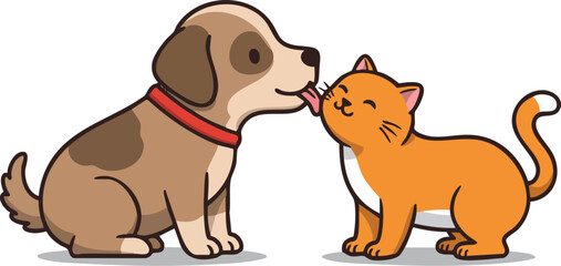 Fototapeta premium Cute cartoon puppy and kitten vector illustration with happy brown pets