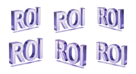Six 3D rendered glossy text elements of ROI in a purple gradient depicted from various angles signifying financial return
