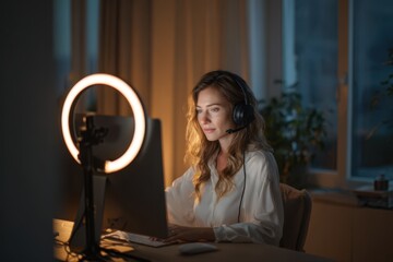 A professional businesswoman sitting at her desk, focused on her laptop screen while wearing headphones for online communication.
