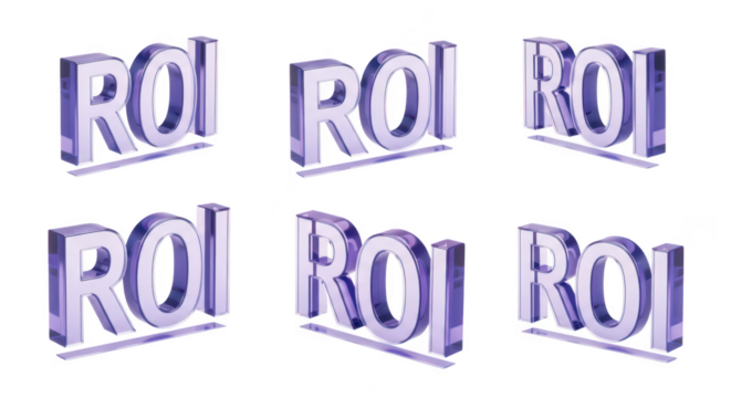 Six 3D rendered glossy text elements of ROI in a purple gradient depicted from various angles signifying financial return