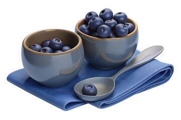 Fresh blueberries in blue ceramic cups with spoon on napkin