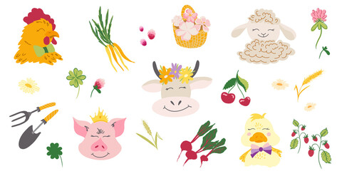 Clipart set with farm animals, vegetables, fruits, flowers, and tools on white background. Includes cow, pig, lamb, duck, carrots, cherries, clover, perfect for spring designs and kids projects.