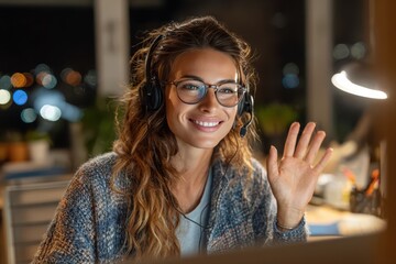 A 3D render of a businesswoman wearing glasses and a headset, giving an online presentation.