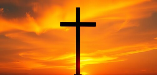 Silhouetted cross against vibrant sunset sky, conveying peace and reflection, sky, purple
