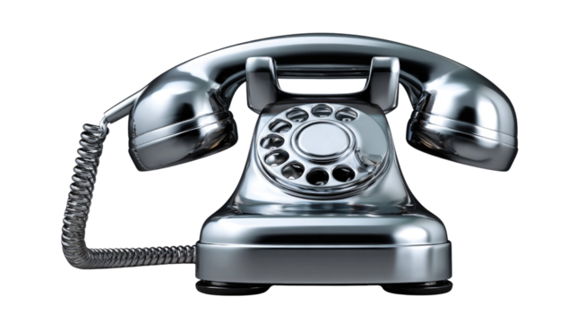 Vintage Chrome Telephone on White Background with Coiled Cord Ideal for Retro Communication Themes