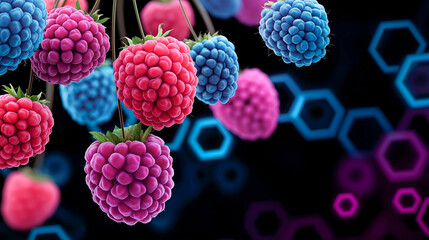 Abstract Art: Floating berries form geometric shapes with neon lighting in a modern art style.