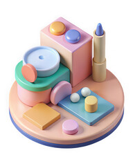 Pastel makeup display with lipstick and compacts