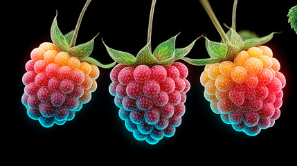 Three bright neon raspberries are located in the center on a black background, modern art style and minimalism.