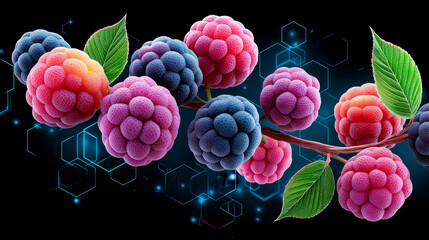 Abstract Art: Floating berries form geometric shapes with neon lighting in a modern art style.