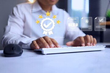 Products and organization certification concept with auditor on certified mark 5 stars represent to has been qualified quality standard requirement and passed audit according to industrials compliance
