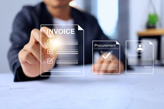 Digital touchless document concept with businessman tick on checkmark to approve invoice and procurement process in paperless document system