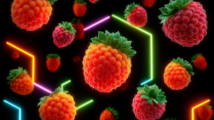 Abstract Art: Floating berries form geometric shapes with neon lighting in a modern art style.