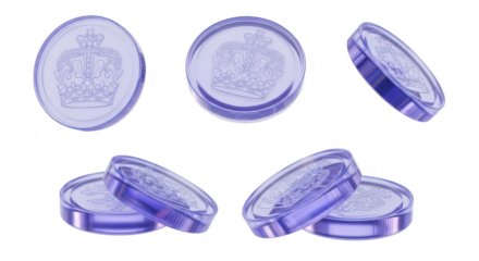 Transparent coins with royal crown design rotate against a clean white backdrop suggesting wealth finance or investment