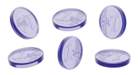 Transparent blue Euro coins in multiple angles floating on a clean white background illustrating finances for digital use