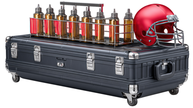 Stylish sports equipment case with red helmet and drink bottles for an athletic competition or event setup